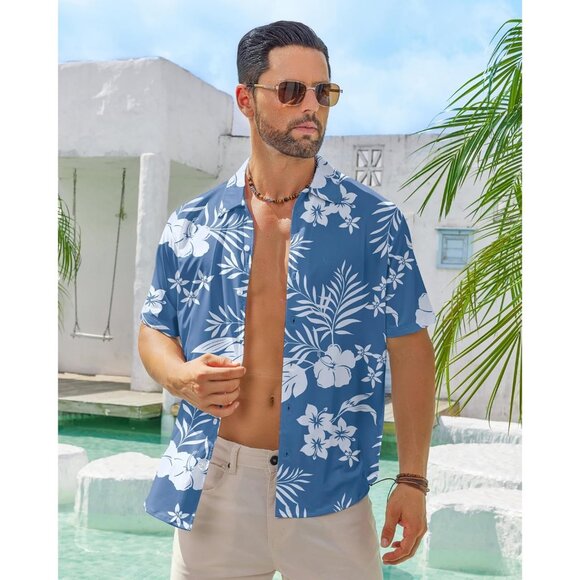 Men Blue Hawaiian Wrinkle Free Short Sleeve Button Down Tropical Floral Shirt - Picture 3 of 5